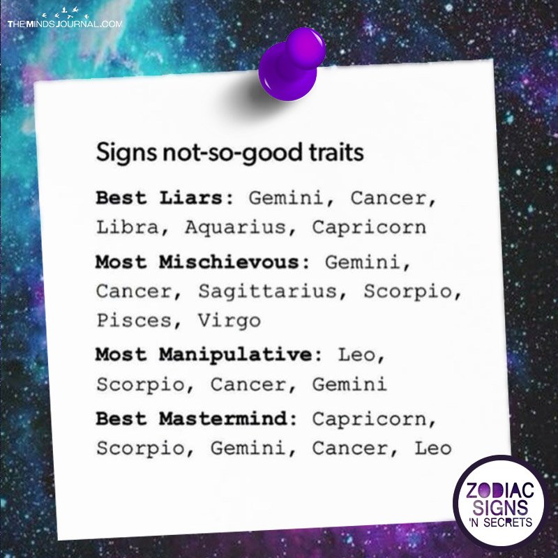 Signs Not So-Good Traits, Best Liars: Gemini, Cancer, Libra, Aquarius, Capr...