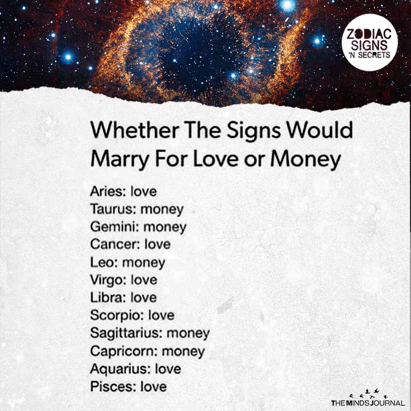 Whether The Signs Would Marry For Love Or Money