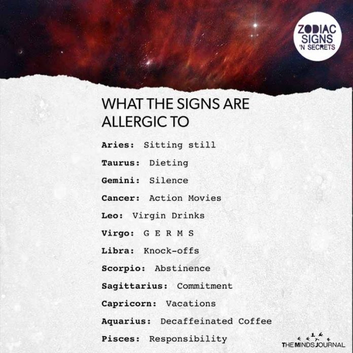 WHAT THE SIGNS ARE ALLERGIC TO Aries: Sitting still Taurus: Dieting