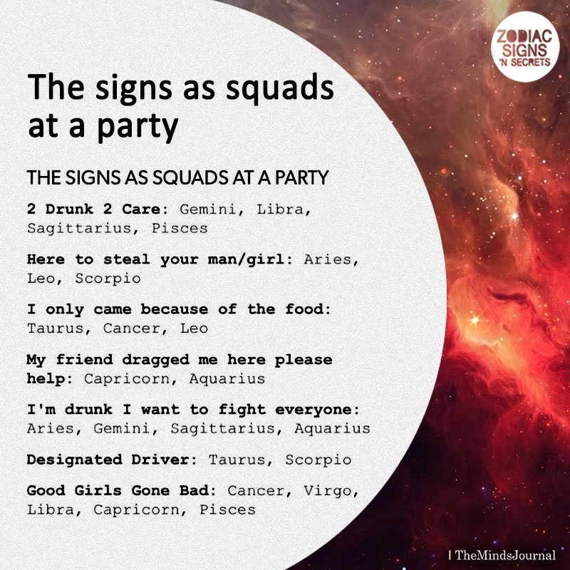 The Signs As Squads At A Party
