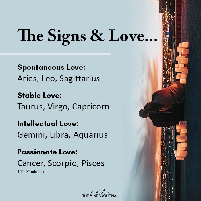 The Signs & Love...Spontaneous Love:Aries, Leo, Sagittarius Stable Love
