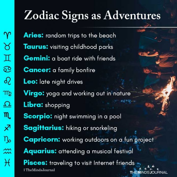 Zodiac Signs as Adventures Aries: random trips to the beach