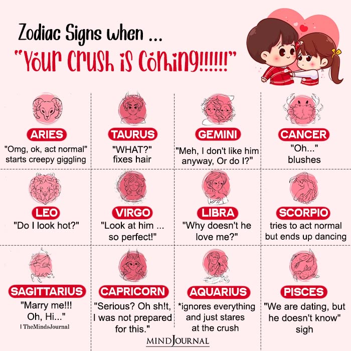 How Zodiac Signs React When Their Crush Is Coming Zodiac Memes