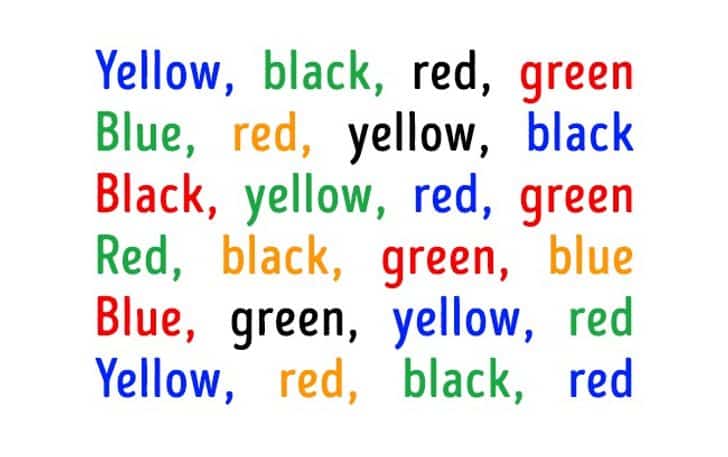 fun color test - See the image below and read the color that you see instead of the word written.