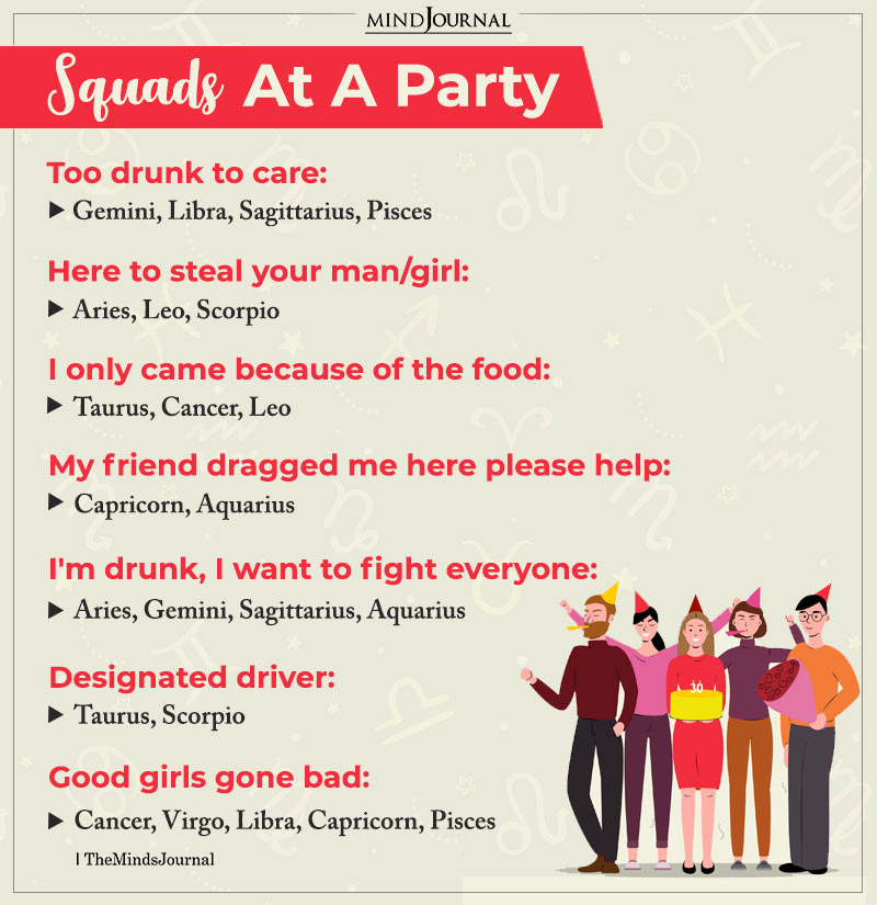 Zodiac Signs As Squads At a Party