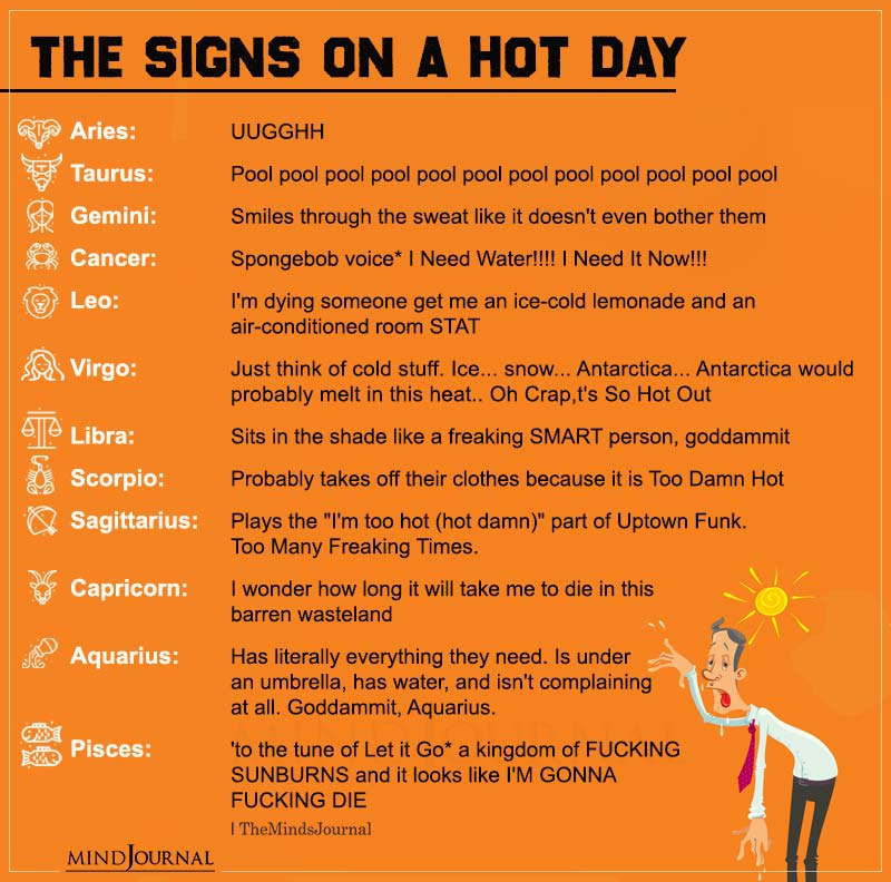 Zodiac Signs On A Hot Day - Zodiac Memes Quotes