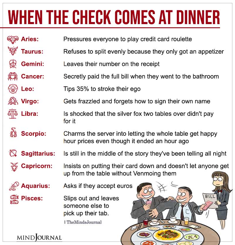 What Does Each Zodiac Sign Do When The Check Comes At Dinner