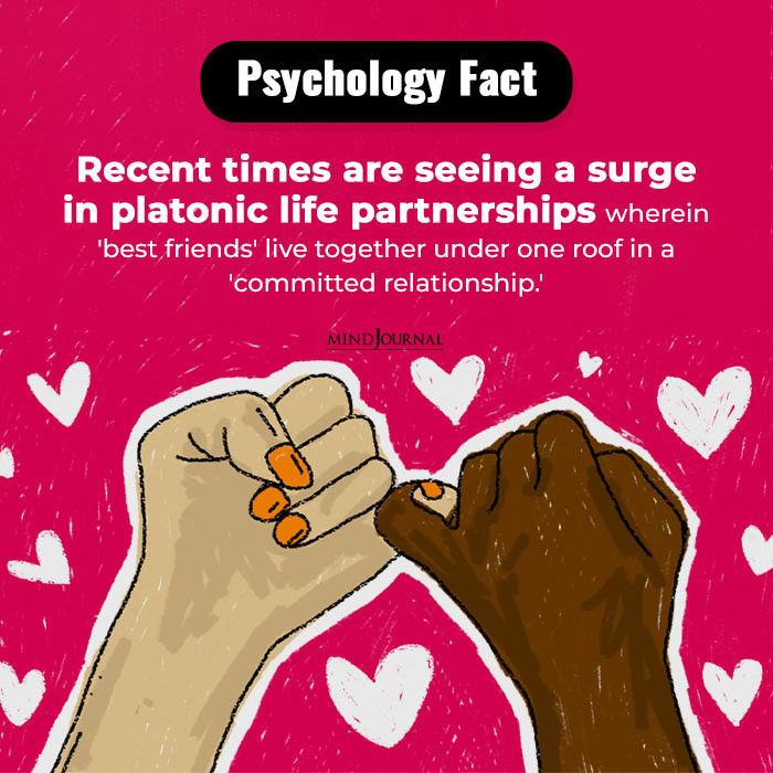 The image says there is a surge in platonic life partnerships wherein best friends live together in a committed relationships
