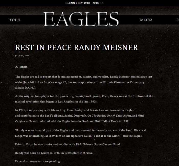 The founding member of Eagle Randy Meisner died recently