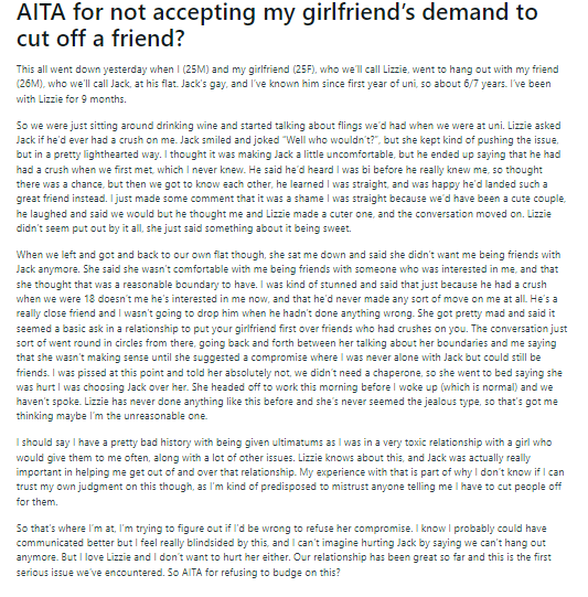 Reddit post of the man whose girlfriend wants him to cut off a friend. 