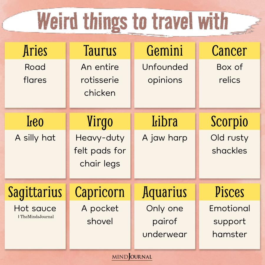 Weird Things The Zodiac Signs Travel With - Zodiac Memes
