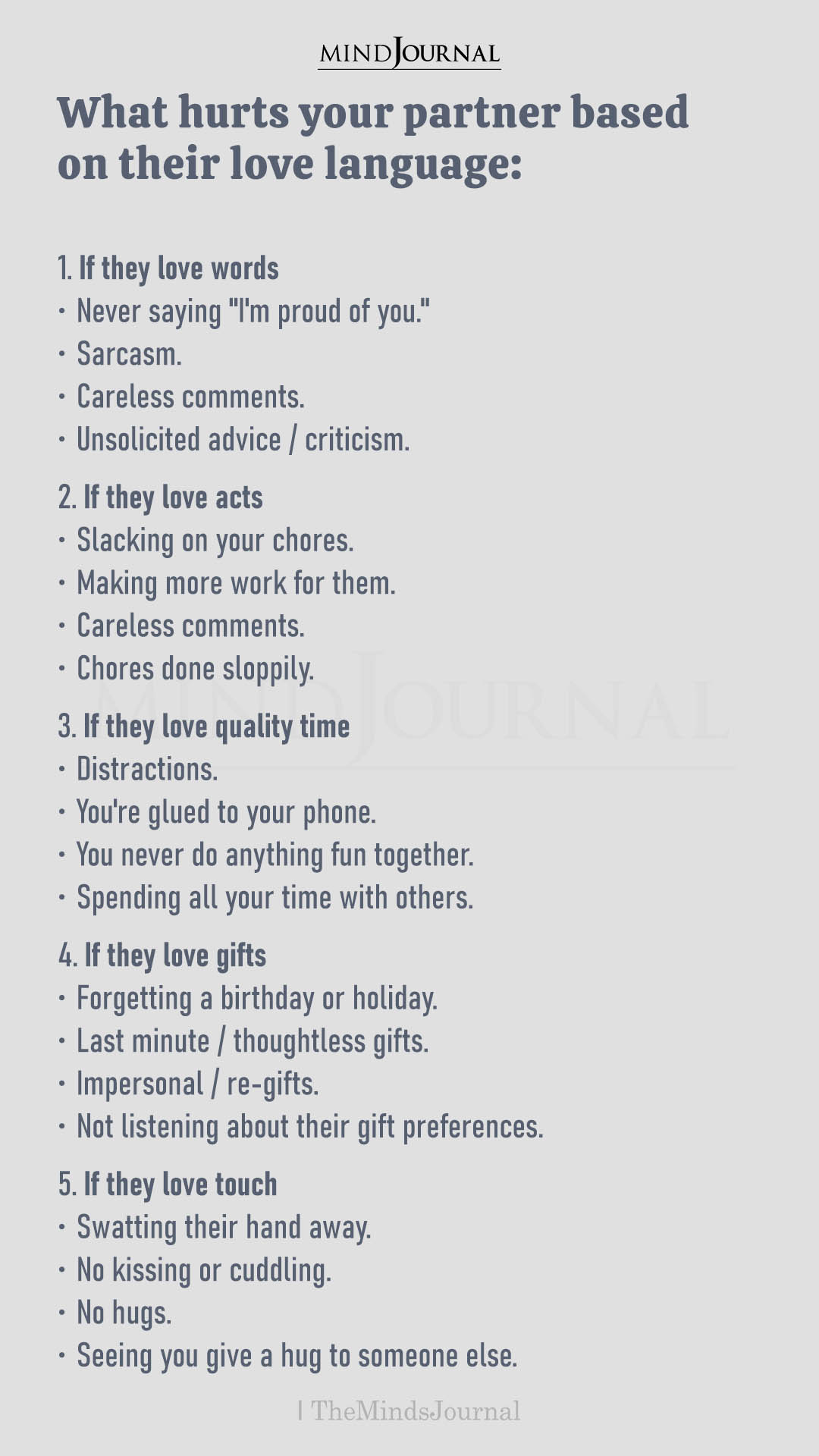 What Hurts Your Partner Based on Their Love Language (Gary Chapman)
